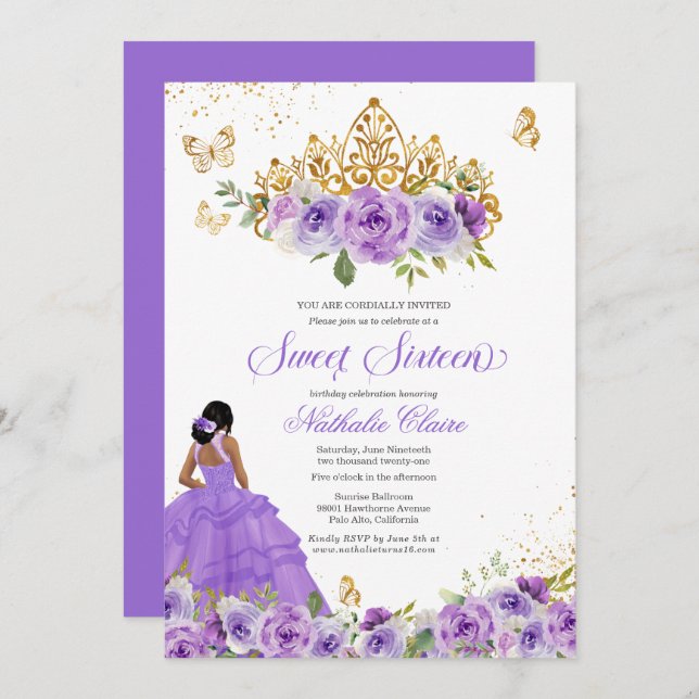 Invitation Papillon doux 16 + Purple Aquarelle Fleurs Inv (Devant / Derrière)