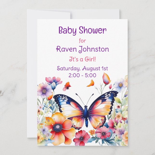 Invitation Papillon en fleurs Baby shower de fille (Devant)