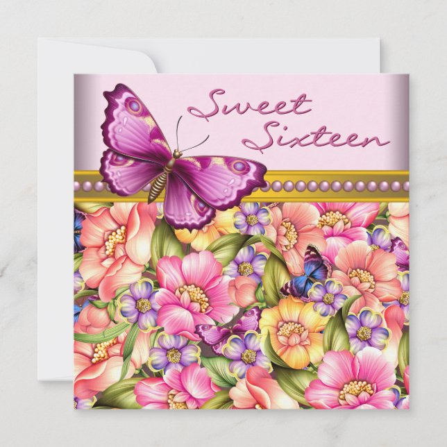 Invitation Papillon en or rose Anniversaire Sweet 16 (Devant)