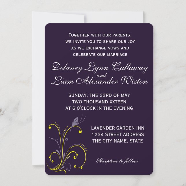 Invitation Papillon et Mariage floral pourpre et jaune (Devant)