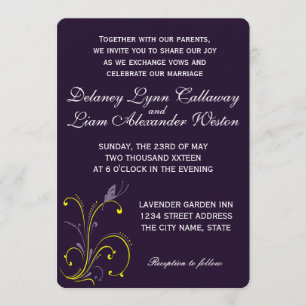 Invitation Papillon et Mariage floral pourpre et jaune