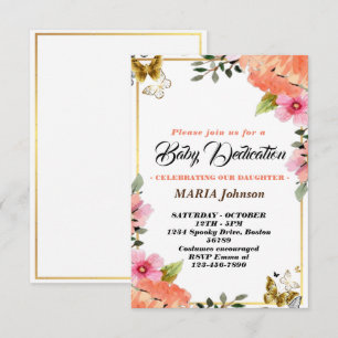 Invitation Papillon féminin aquarelle florale dédicace de béb