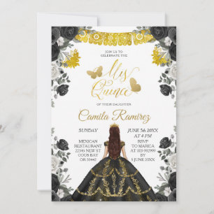 Invitation Papillon Fiesta Noir & Or Mis XV Anos