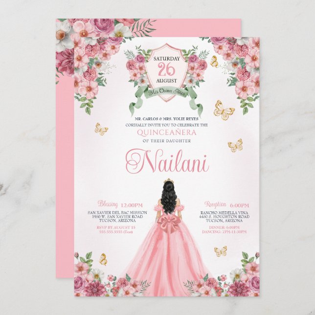 Invitation Papillon Fleur Rose Printemps Quinceanera (Devant / Derrière)