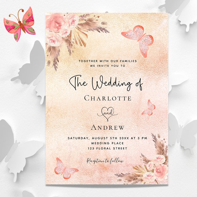 Invitation papillon fleuri rose mariage pampas herbe rousse (Créateur téléchargé)