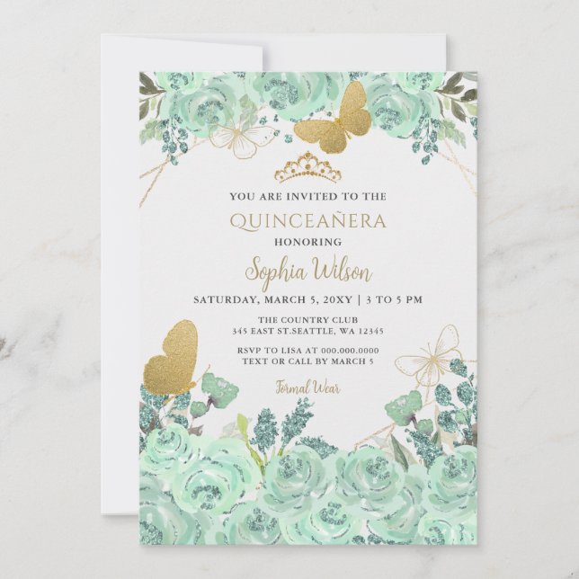 Invitation Papillon floral à la menthe Quinceañera Quince (Devant)