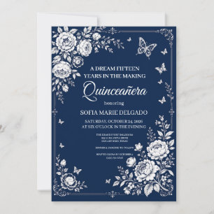 Invitation Papillon Floral Argent Bleu de Minuit Quinceañera