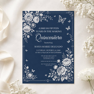 Invitation Papillon Floral Argent Bleu de Minuit Quinceañera