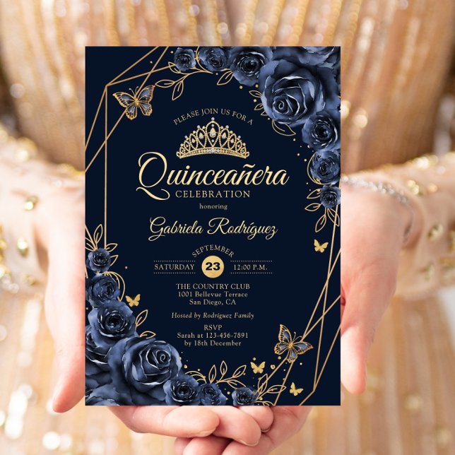 Invitation Papillon floral bleu or Quinceanera Navy (Créateur téléchargé)