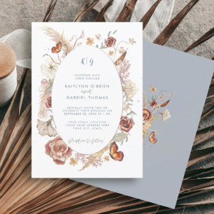 Invitation Papillon Floral de Fleur Sauvage Bleu Poussiéreux 