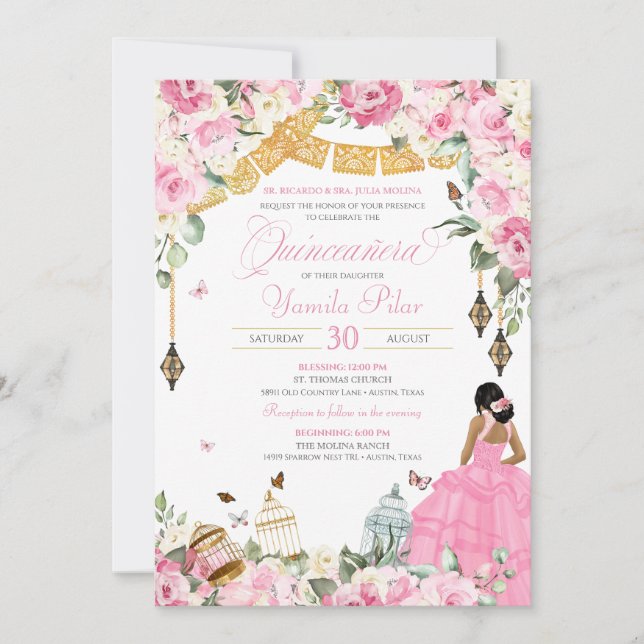 Invitation Papillon floral élégant rose blanc Quinceanera 2 (Devant)