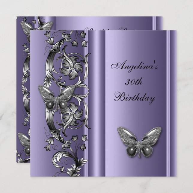 Invitation Papillon floral mauve argenté pour 30e anniversair (Devant / Derrière)