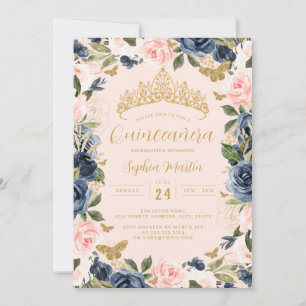 Invitation Papillon Floral Navy Rose Doré Photo Quinceanera