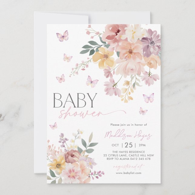 Invitation Papillon Floral Pêche rose violet Baby shower (Devant)