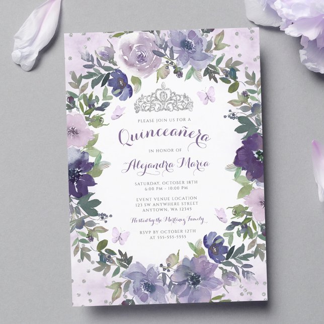 Invitation Papillon floral pourpre Argent Tiara Quinceanera (Créateur téléchargé)