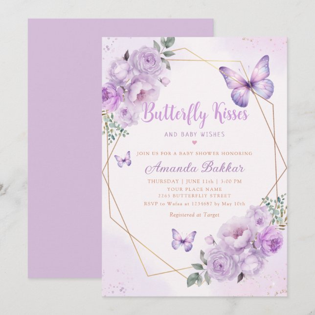 Invitation Papillon floral pourpre Baisers Baby shower fille (Devant / Derrière)