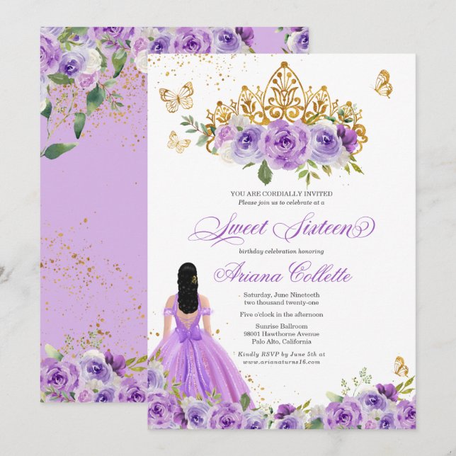 Invitation Papillon floral pourpre doux 16 Ados Anniversaire (Devant / Derrière)