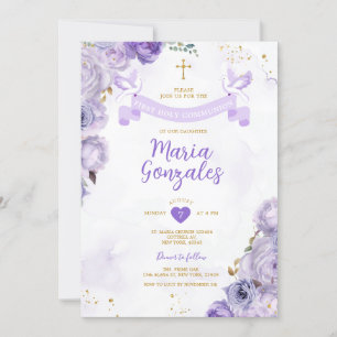 Invitation Papillon floral pourpre première sainte communion