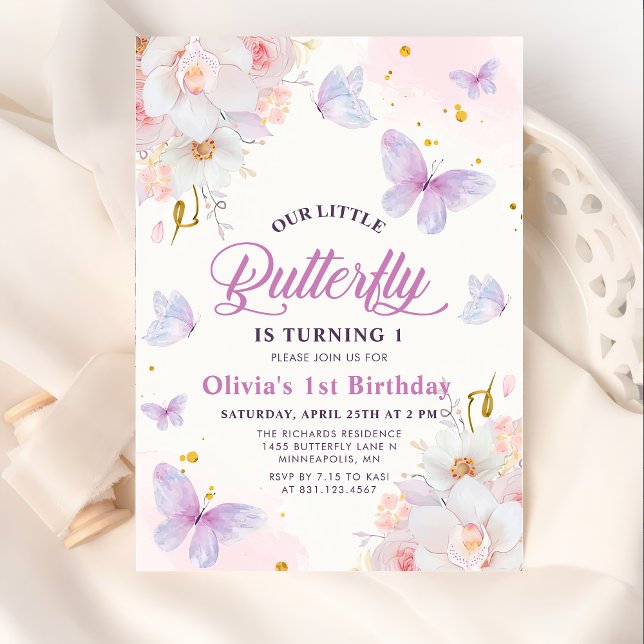 Invitation Papillon floral Purple Girl Anniversaire (Créateur téléchargé)