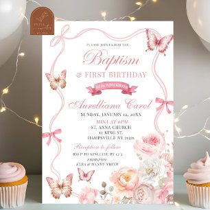 Invitation Papillon Floral Rose Baptême & 1er Anniversaire