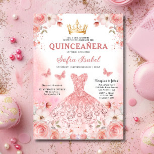 Invitation Papillon floral rose rose pâle Quinceañera