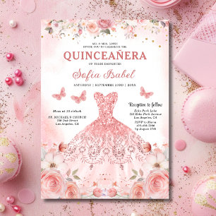 Invitation Papillon floral rose rose pâle Quinceañera