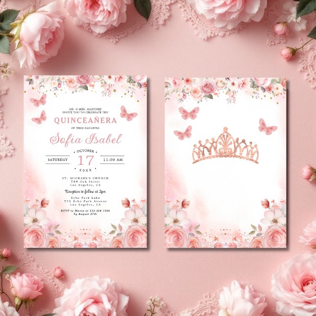 Invitation Papillon floral rose rose pâle Quinceañera (Créateur téléchargé)