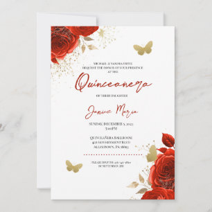 Invitation Papillon floral rouge et or élégant Quinceañera