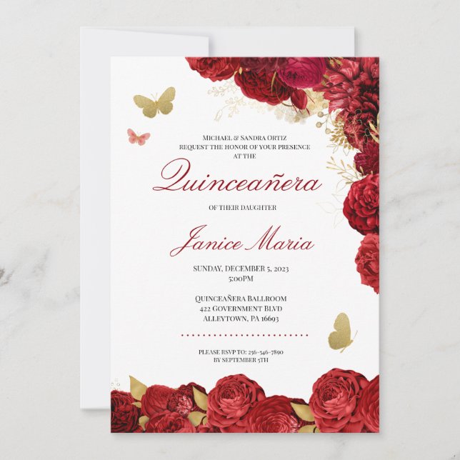Invitation Papillon floral rouge et or élégant Quinceañera (Devant)