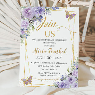 Invitation Papillon floral violet Lilac Anniversaire Retraite