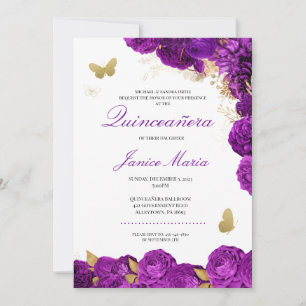 Invitation Papillon Floral Violet Or Élégant Quinceañera