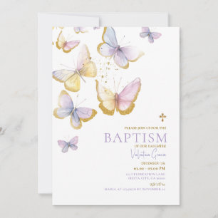 Invitation Papillon Gold Girl Baptism Gold Cross Flowers