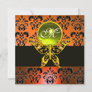 Invitation PAPILLON HYPER MONOGRAMME, damassé orange, gemme j