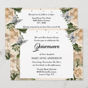 Invitation Papillon ivoire argent élégant rose quinceanera