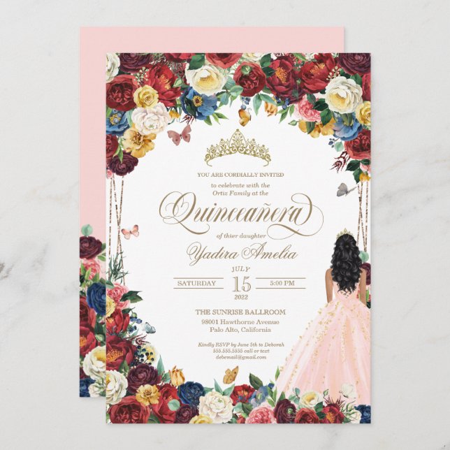 Invitation Papillon Jardin rose pâle Quinceanera (Devant / Derrière)