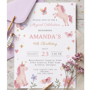 Invitation Papillon Licorne Magique Fleur Rose 4ème Anniversa