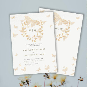 Invitation Papillon Mariage Or Monogrammes Wreath Élégant