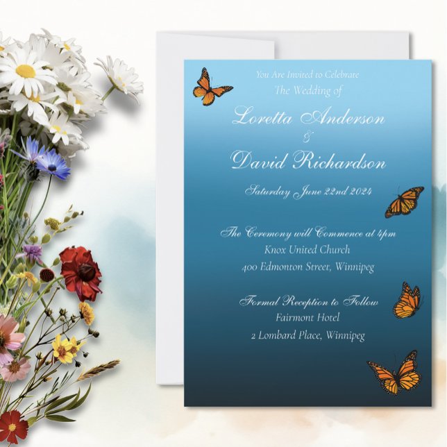 Invitation Papillon Monarch Romantique Ombré Bleu Élégant (Créateur téléchargé)
