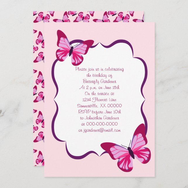Invitation Papillon Motif Plutôt rose violet (Devant / Derrière)