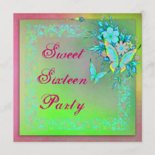 Invitation Papillon néon grunge vert rose pour un anniversair