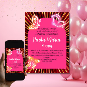 Invitation Papillon Néon Noir Fille Anniversaire Espagnol