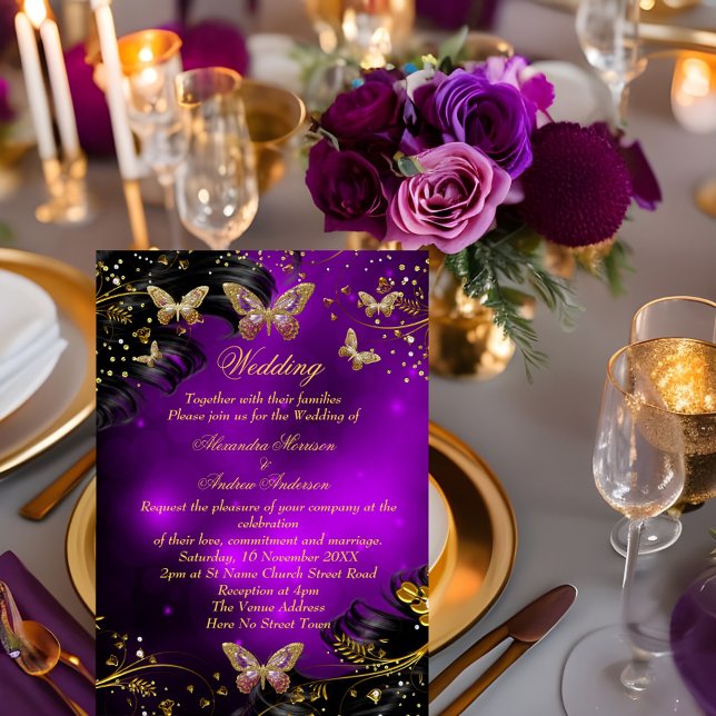 Invitation Papillon noir mariage Sparkle violet or (Créateur téléchargé)