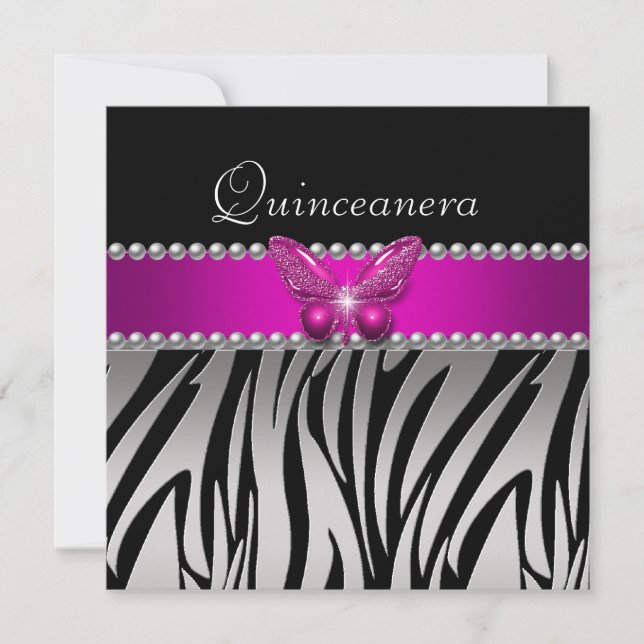 Invitation Papillon noir quinceanera rose Zèbre argent (Devant)