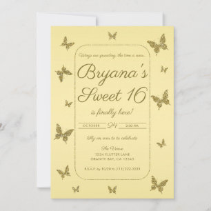 Invitation Papillon Pailleté Jaune & Or Sweet 16 Party
