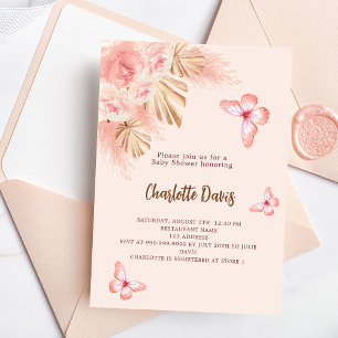 Invitation Papillon pampas herbe rose fille Baby shower