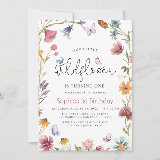 Invitation Papillon Petit Fleur sauvage 1er bébé Fille Annive (Devant)