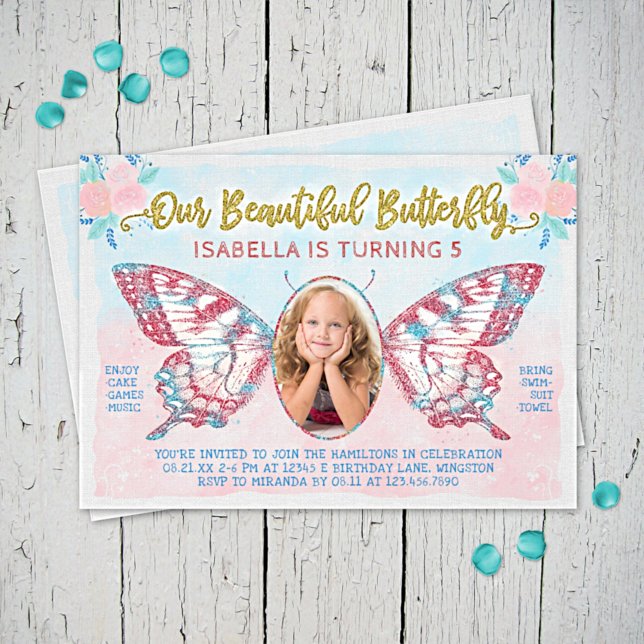 Invitation Papillon Photo Girls mignonne enfant rose fête d'a (Créateur téléchargé)
