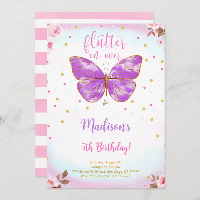 Invitation papillon pour 5ème anniversaire (Devant / Derrière)