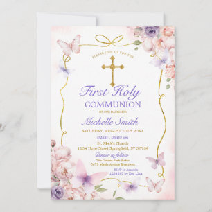Invitation Papillon pourpre Rose Floral Première communion sa