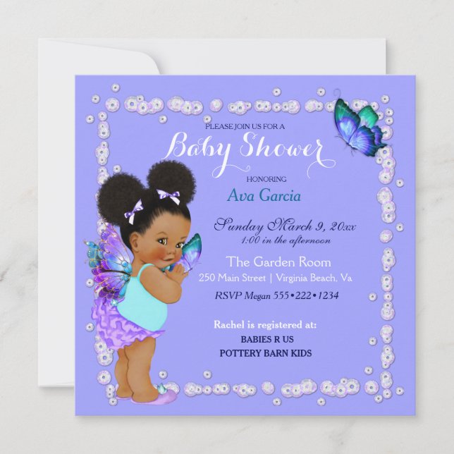 Invitation Papillon Princesse Bébé Fille pourpre Turquoise In (Devant)